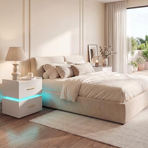 GIANTEX LED Night Stand Set 2 with Charging Station, Semi-Floating Bedside Table w/2 Storage Drawers, USB & Type-C Ports, Modern Couch End Sofa Side Table for Bedroom Small Spaces (White)