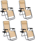 Sweetcrispy Zero Gravity Chairs, Set of 4 Portable Recliner Beach Camping Patio Outdoor Folding Lounge Chair with Cup Holder Trays and Adjustable Pillow for Poolside, Garden, Backyard, Lawn, Khaki