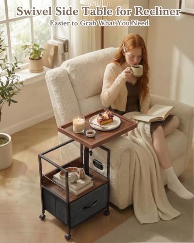 Faesun Night Stand with Charging Station & Swivel Tray Top, Walnut Gray