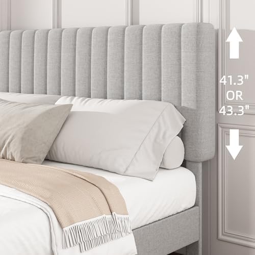 King Linen Bed Frame with Vertical Channel Tufted Headboard Light Grey