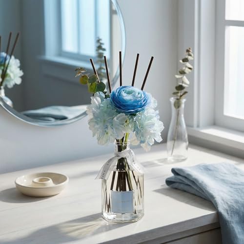 COCORRÍNA Reed Diffuser - Mint & Eucalyptus 8.5 Fl.oz Flower Reed Diffuser with Sticks, Bedroom Bathroom Shelf Decor (Floral Basket Collection)