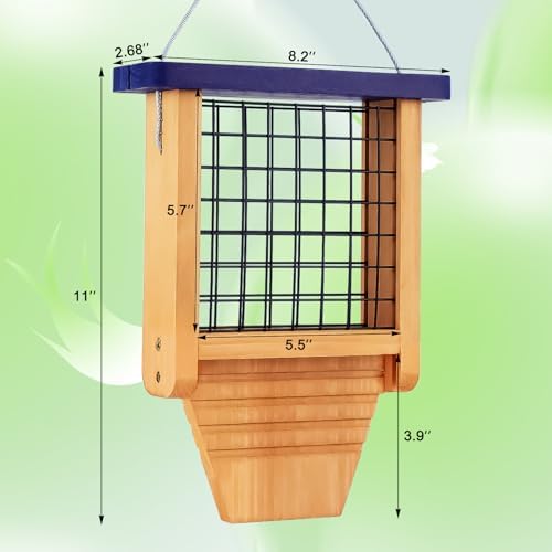 Gbekery Wooden Suet Feeder with Tail Prop for Outside Hanging, Blue Roof