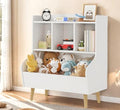 Kids Bookshelf and Toy Storage Organizer, Montessori Nursery Book Shelves with 3 Tier Sling Rack & Fabric Toy Bins, Children Toddler Baby Bookshelf, Wooden Toy Shelf for Kids Room Playroom (Pearl)