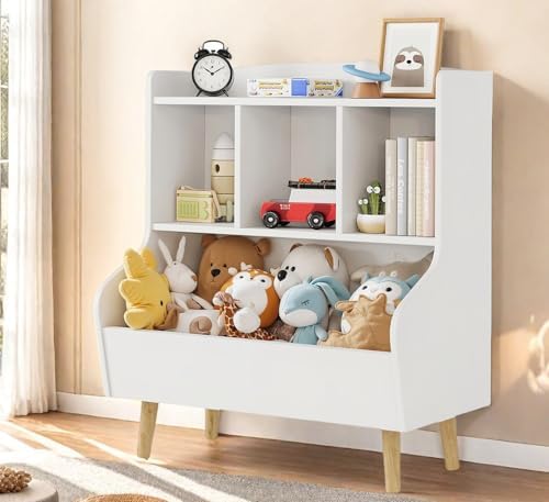 Kids Bookshelf and Toy Storage Organizer, Montessori Nursery Book Shelves with 3 Tier Sling Rack & Fabric Toy Bins, Children Toddler Baby Bookshelf, Wooden Toy Shelf for Kids Room Playroom (Pearl)