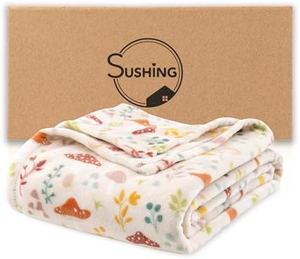 Luxury Printed Fleece Warm Blanket, Soft Lightweight Velvety Plush Throw for Couch and Bed, Cozy Comfy for All Seasons(Cream Various Mushrooms, 108×90 Inches)