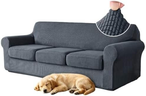 4 Pieces Stretch Couch Covers for 3 Cushion Sofa Cover Decorative Sofa Slipcover Non Slip Washable Thick Soft Elastic Furniture Protector for Pets,(Large, Dark Gray)
