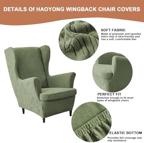 HAOYONG 2 Piece Wingback Chair Covers Stretch Wing Chair Slipcover Jacquard Wing Back Chair Covers with Arms Washable Spandex Fabric Armchair Cover Protection Furniture for Living Room and Bedroom