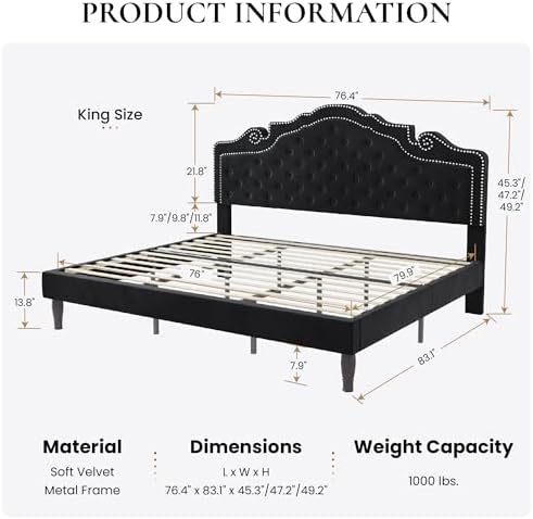 SHA CERLIN King Size Platfrom Bed Frame with Adjustable Headboard/Velvet Upholstered Diamond Button Tufted and Metal Studs/No Box Spring Needed/Easy Assembly/Wooden Slat Support/Black