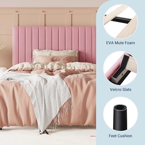 Allewie Twin Bed Frame, Velvet Upholstered Platform Bed with Adjustable Vertical Channel Tufted Headboard, Mattress Foundation with Strong Wooden Slats, Box Spring Optional, Easy Assembly, Pink