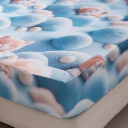 Bedding Fitted Sheet with Deep Pocket,3D Simulated Cats Pattern Printed Fabric Bed Sheets (Blue Cats,Twin)