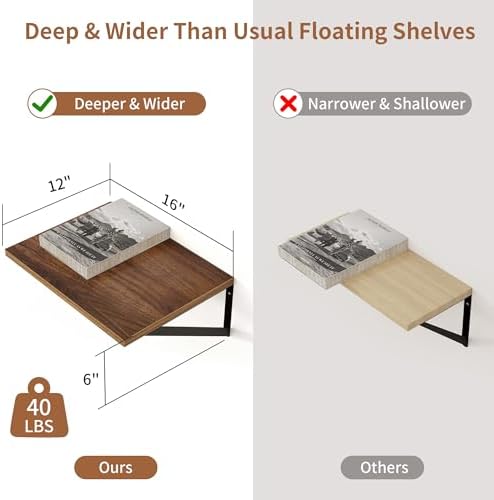 Axeman Deep Floating Shelves - 16 Inch Wide x 12 Inch Deep Walnut Wall Shelves Set of 2 - Rustic Wide Wood Wall Mounted Shelves for Room Decor & Storage