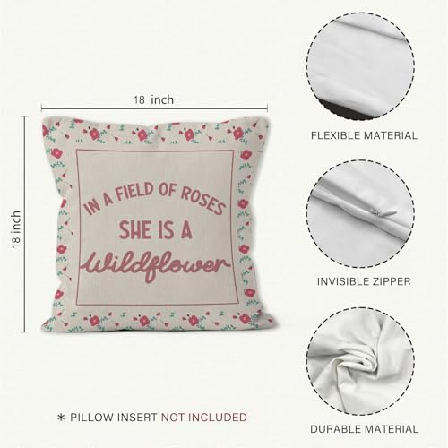 Girl Wildflower Nursery Throw Pillow Cover 18x18, in a Field of Roses She is a Wildflower Decorative Pillow Covers for Kids Girl Nursery Room Bedroom, Floral Accent Pillows Cover Pillowcases