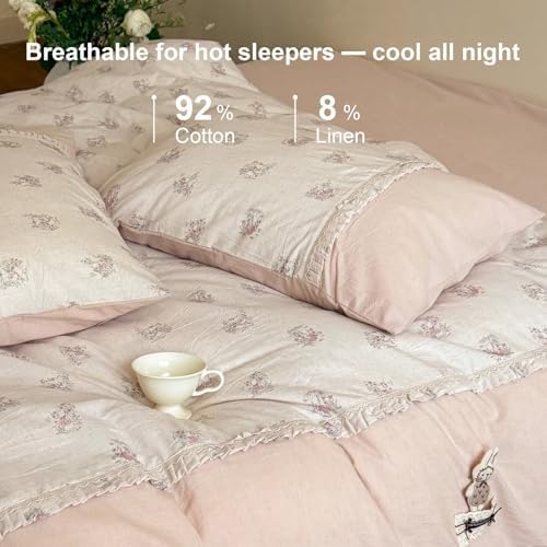 Queen Size Duvet Cover Set 3 Pcs,Cotton Linen Floral Bedding 90"×90"