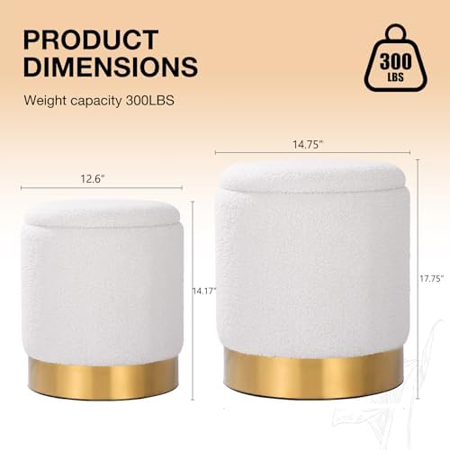 Round Ottoman with Storage, White Teddy, Set of 2