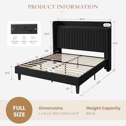 SHA CERLIN Full Size Velvet Bed Frame with Shelf, Charging Station, Black