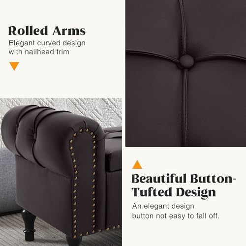Faux Leather Storage Bench 67 Inch Upholstered Tufted Ottoman Bench with Arms Large Storage Space King Size End of Bed Bench for Bedroom Living Room Entryway Whiskey Coffee