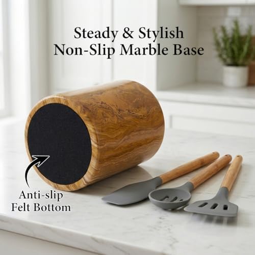 Handmade Marble Utensil Holder for Kitchen Countertop Storage | Multipurpose Organizer for Spatulas, Office Supplies, & Wine Chiller (Multi Brown)