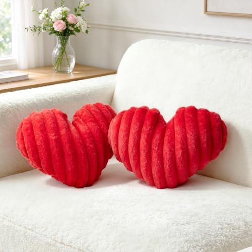2PCS Heart Pillows, 12.9"x9" Red Decorative Throw Pillows for Bed Couch