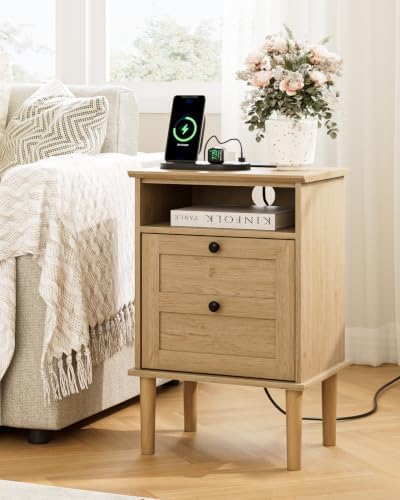 Nightstand with Charging Station, Boho Night Stand with 1 Drawer, Modern Side Accent Table with Open Shelf, Wooden Top Bedside End Table for Bedroom, Living Room, Natural