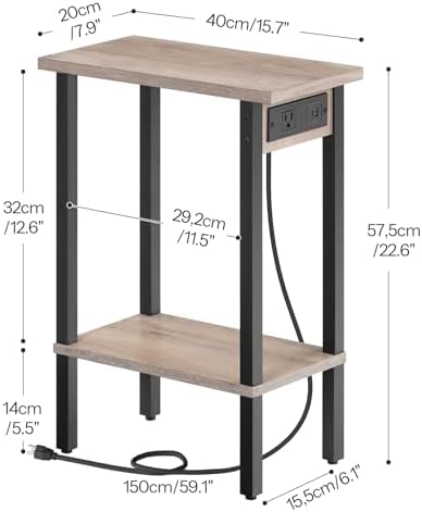 HOOBRO Narrow Side Tables, Set of 2, 2-Tier Slim End Tables with Charging Station, Skinny Nightstands with Open Storage, for Small Spaces, Living Room, Bedroom, Study,Greige and Black BG240UBZP201