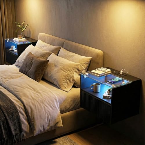 Arbuxzuy Floating Nightstand Set of 2 with Charging Station and Drawer