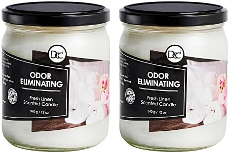Fresh Linen Two Pack Odor Eliminating Highly Fragranced Candle - Eliminates 95% of Pet, Smoke, Food, and Other Smells Quickly - Up to 80 Hour Burn time - 12 Ounce Premium Soy Blend