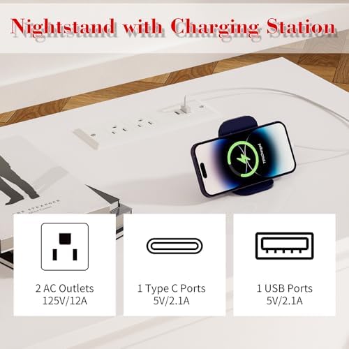 COWMOU White 3 Drawers Nightstand with Charging Station, Large Mid-Century Modern Bedside Table with USB Ports & AC Outlets, Wooden End Table for Bedroom Living Room, 27.6"W x 29.8"H Storage Cabinet