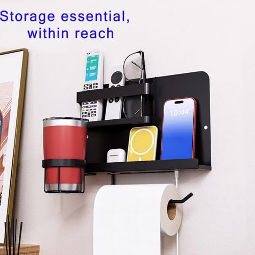 Bedside Shelf for Bed, Metal Floating Nightstand Wall Organizer, No Drill Dorm Room Essentials, Heavy Duty Caddy with Cup Holder & Charging Station for Bunk Bed, Loft, Remote - Matte Black
