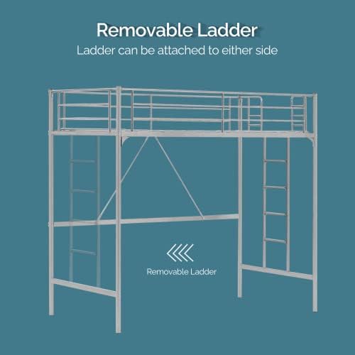 VINGLI 71 Inches Tall Loft Bed Twin Size with Flat Ladder Rung for Kids Teens Adults Heavy Duty Metal Single Bunk Bed Loft with Safety Guard Rails for Small Space, Gray