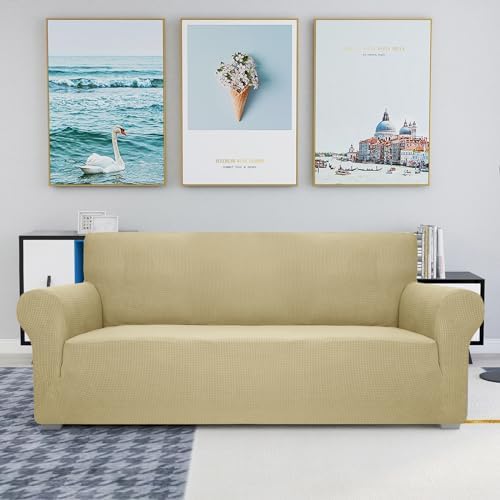 JIVINER High Stretch Couch Covers for 3 Cushion Couch, 1-Piece Jacquard Sofa Slipcovers Fitted Washable Sofa Covers with Elastic Bottom Furniture Protector for Kids Pets (Sofa, Champagne)