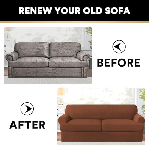 PrinceDeco T Cushion Sofa Slipcover 3 Pieces Sofa Covers for T Cushion Couch Soft Couch Covers Sofa Slip Cover Furniture Covers with 2 Individual T Shape Seat Covers (70"-88") Washable,Caramel