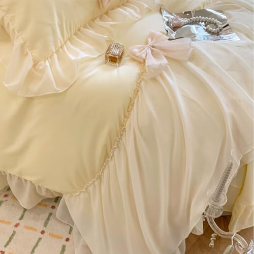 SOUKECHY Chic Lace Bedding,Girls Twin Aesthetic Comforter Cover Set,Romantic French Princess Style Ruffled Duvet Cover with Lovely Bow with Zipper Closure-Yellow,Twin Size