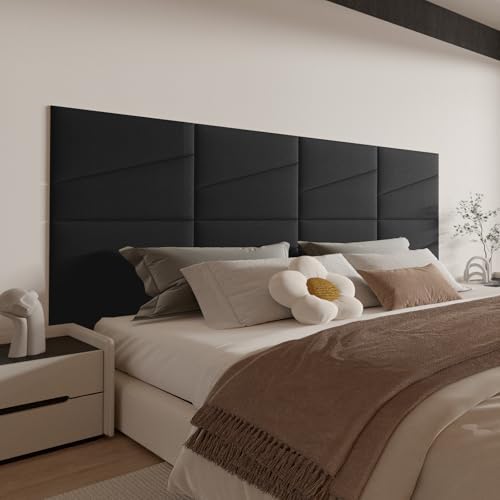Peel and Stick Headboard for Twin Bed Linen Fabric Upholstered Wall Mounted Headboard - Wall Padding Panel in Black for Bedroom/Living Room/Dorm (4 Panels)