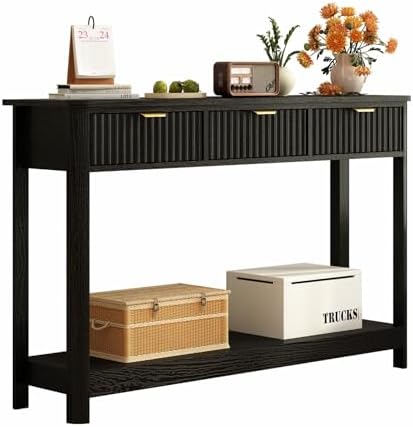 RUSTOWN Fluted Wood Console Table with 3 Drawers, 47.2" Boho Entryway Table