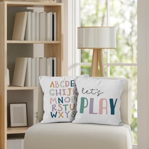 Kids Throw Pillow Covers 18x18, Let's Read Play English Alphabet Rainbow Decorative Pillow Covers for Kids Nursery Reading Corner Room Nook Playroom, Classroom Accent Pillows Cover Set of 4