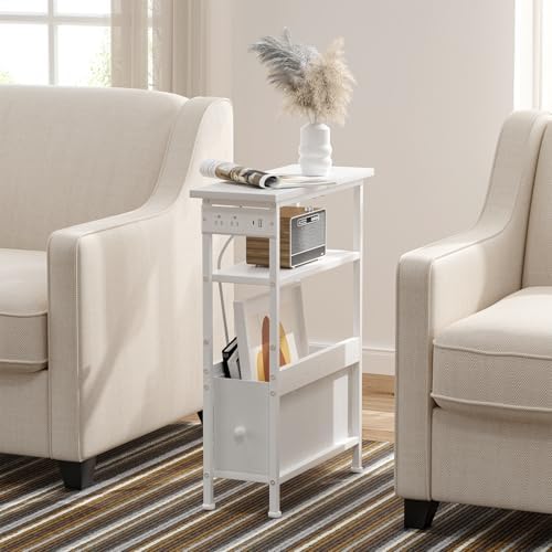 Narrow White Side Table with Charging Station and LED Light, End Table