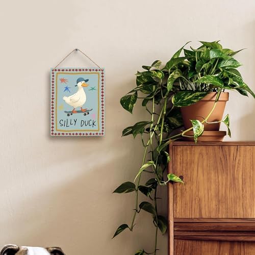 FUGWN Funny Duck Nursery Hanging Wooden Signs 8x10, Silly Duck Farm Animal Nursery Wall Decor Wood Plaque Hanging Decorations for Kids Toddler Boys Girls Room Bedroom Playroom Door Decor