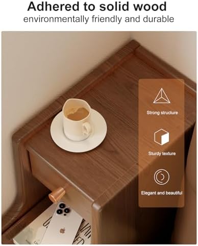 Solid Wood Narrow Nightstand with 3 Drawers,Modern Walnut,Fully Assembled
