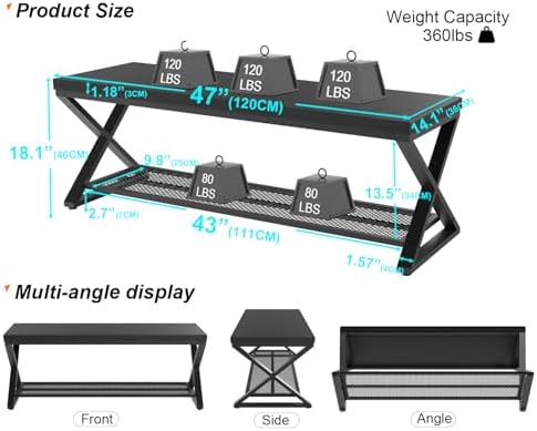LVB Black Oak Bench, Industrial Entryway Bench with Storage, 47 Inch