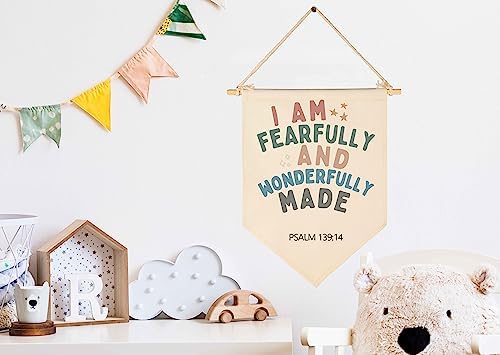 Christian Bible Verses Art-Scripture Flag Sign Gift for Baby Newborn Boys Girls Kids-Banner Wall Decor Gift for Nursery Bedroom Playroom Front Door-Baby Gift Shower-I Am Fearfully