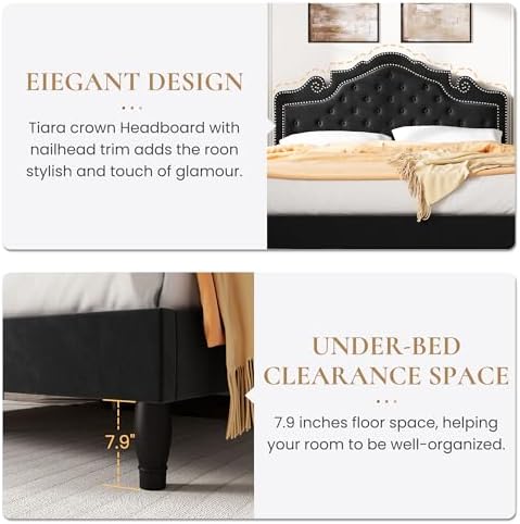 SHA CERLIN King Size Platfrom Bed Frame with Adjustable Headboard/Velvet Upholstered Diamond Button Tufted and Metal Studs/No Box Spring Needed/Easy Assembly/Wooden Slat Support/Black