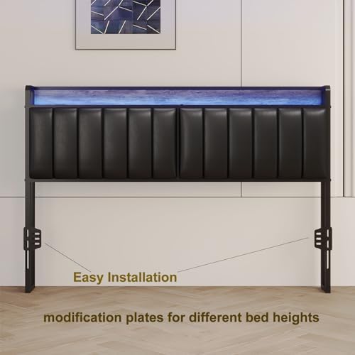 California King Size Upholstered Headboard with LED Lights & Charging Station, PU Upholstery, Cal King Headboard Only, Height Adjustable, Attach Frame, Sturdy and Stable, Easy Assembly