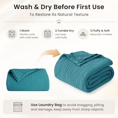 Love's cabin 100% Cotton Muslin Blanket Queen Size for Bed, Teal