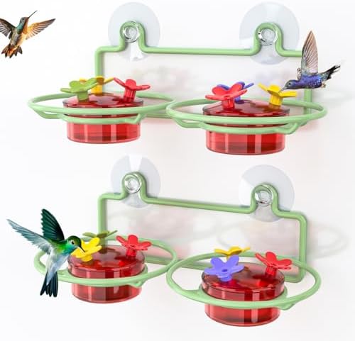 Dreamdrawer 2 Pack Window Hummingbird Feeder, Small Hummingbird Feeder for Outdoors with Strong Suction Cup - Metal Base & 6 Feeding Ports, Easy to Clean and Refill, Green