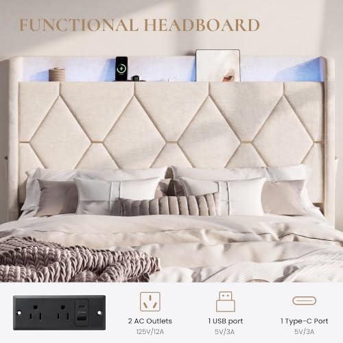 SHA CERLIN Full Size Bed Frame with Storage Drawer & LED Lights, Beige
