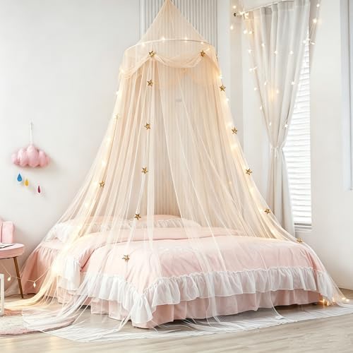 Bed Canopy with Star Lights, Gold Star Princess Canopy for Bed,Extra Large Dome Mosquito Net Reading Nook Bed Canopy for Girls Twin Full Queen Size Bed,Ivory
