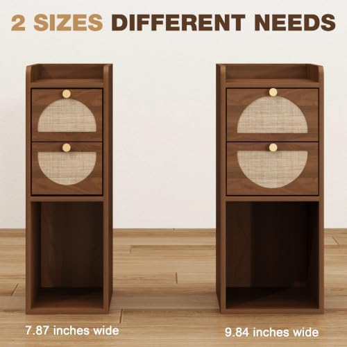 Narrow Nightstand Set of 2 (Rattan & Wood) - Small Bedside Table with 2 Drawers, Open Shelf, Mid Century Modern End Table - for Bedroom, Living Room & Small Spaces, Walnut