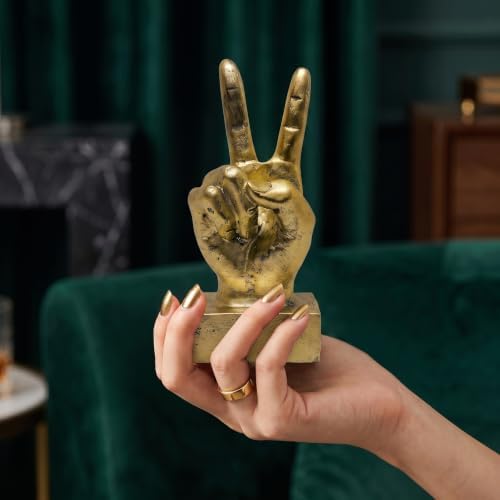 Nice purchase Hand Finger Gesture Desk Statues Fingers Sculpture Creative Home Living Room Cabinet Shelf Decoration (Victory Gesture in Gold)