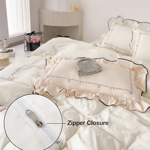 Vintage Embroidery Duvet Cover Queen Retro Ruffled Bedding Set 3-Piece