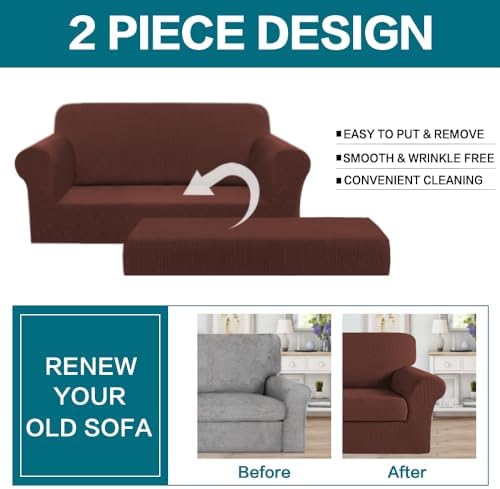Turquoize Stretch Sofa Slipcover 2 Pieces Sofa Cover Couch Cover for 2 Cushion Couch Washable Furniture Protector Covers with Elastic Bottom Feature Thick Jacquard Fabric (Loveseat, Burnt Brick)